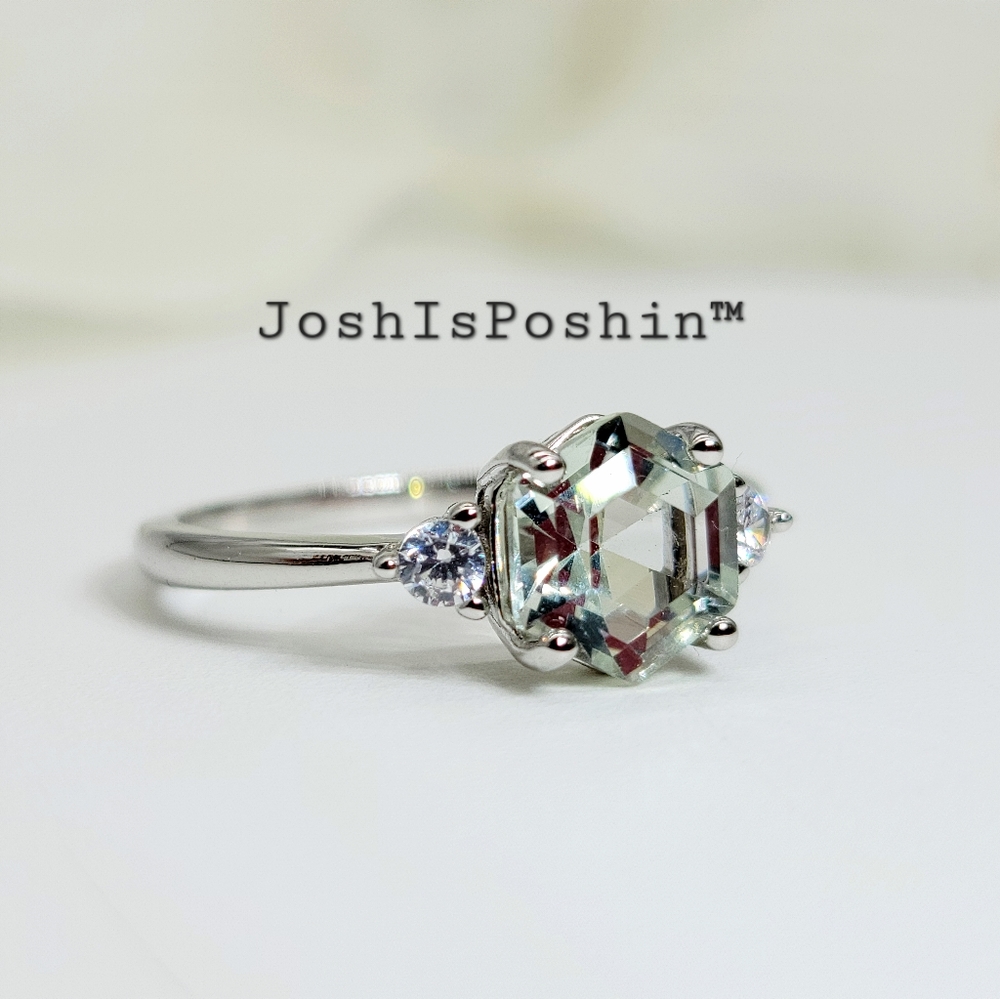 Hexagon green amethyst ring in sterling silver